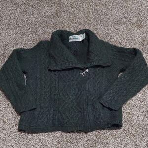 Aran Crafts Wool Cardigan Women's Assymetrical Zip Green Sweater Size M